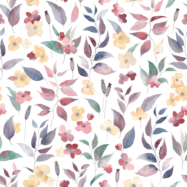 Colorful seamless floral pattern with abstract flowers and leaves Watercolor print Watercolor autumn