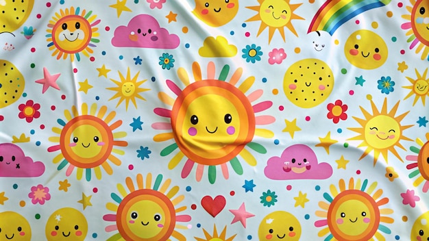 Photo a colorful seamless pattern of cute smiling suns clouds flowers stars and rainbows on a light blue background