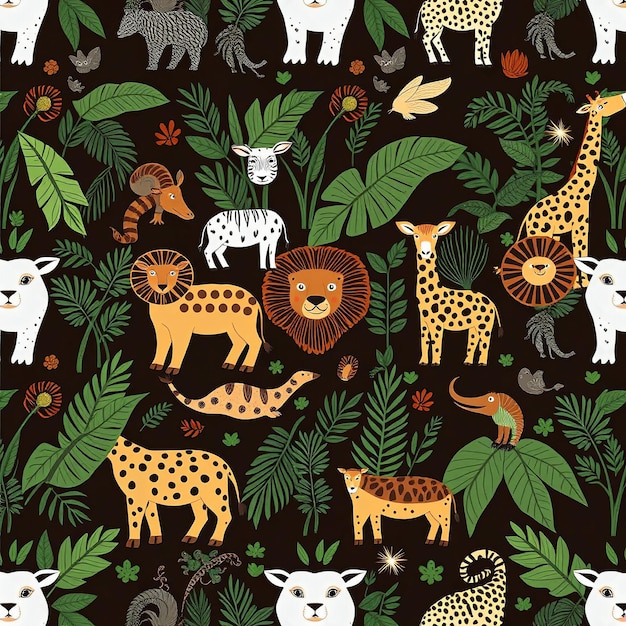 Photo a colorful seamless pattern featuring exotic animals and lush foliage for tropical design inspiration