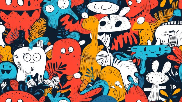 Photo colorful seamless pattern of playful monster doodles in vibrant colors for kids designs and creative projects