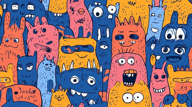 Photo colorful seamless pattern of playful monster doodles in vibrant colors for kids designs and creative projects