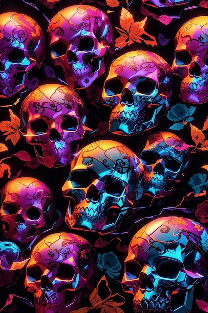 A colorful seamless pattern of skulls and pumpkins