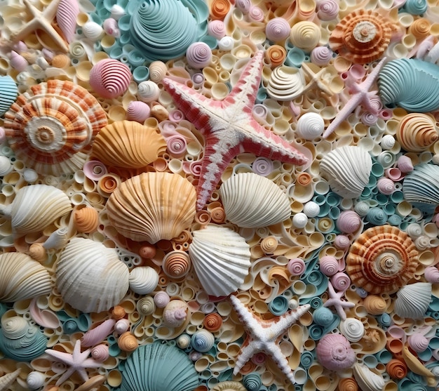 A colorful seashell mosaic with a starfish on it.