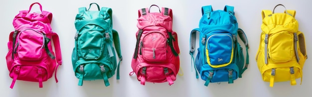 Colorful selection of five different backpacks arranged in a row on a white background