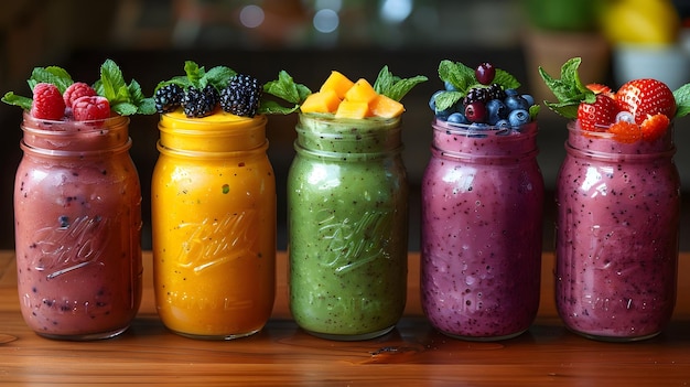 Colorful Selection of Fresh Fruit Smoothies in Glass Jars with Berries and Tropical Fruits on a Wood