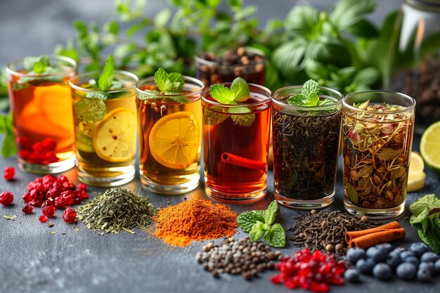 Photo colorful selection of herbal teas and spices with fresh ingredients displayed in a kitchen setting