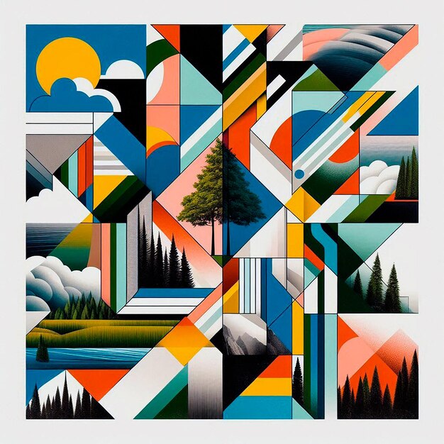 a colorful series of colorful geometric art with trees and mountains