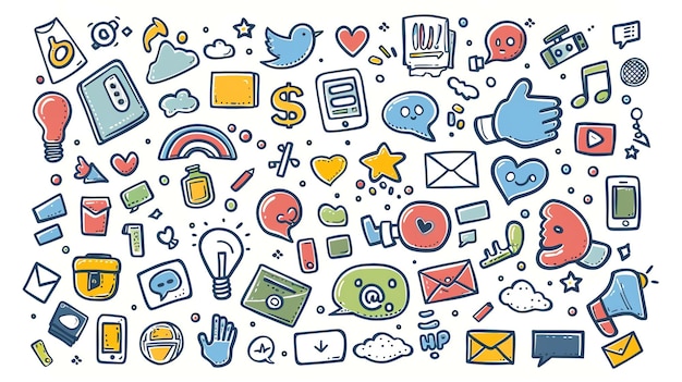 Photo a colorful set of doodle icons for social media internet and communication