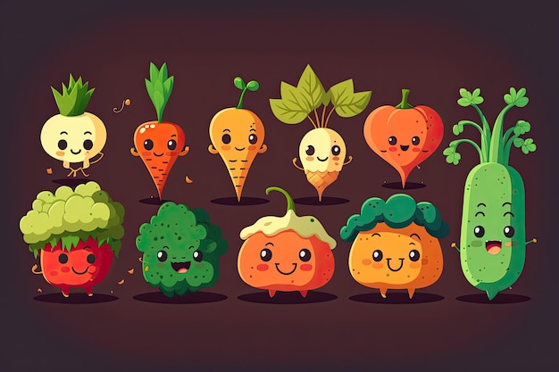 Colorful set of flat style vegetable illustrations Cute characters for kids design including cabbage pumpkin carrot broccoli onion radish