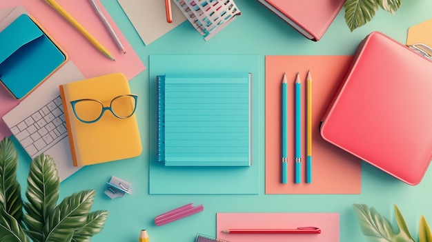 Photo a colorful set of pencils glasses and a book on a blue table