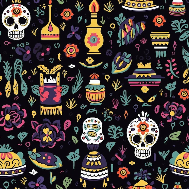 A colorful set of skulls and flowers.