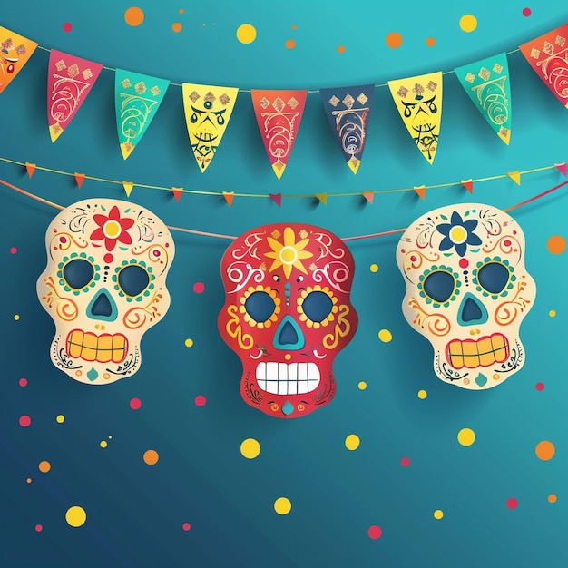 a colorful set of sugar skulls hanging on a rope with colorful decorations