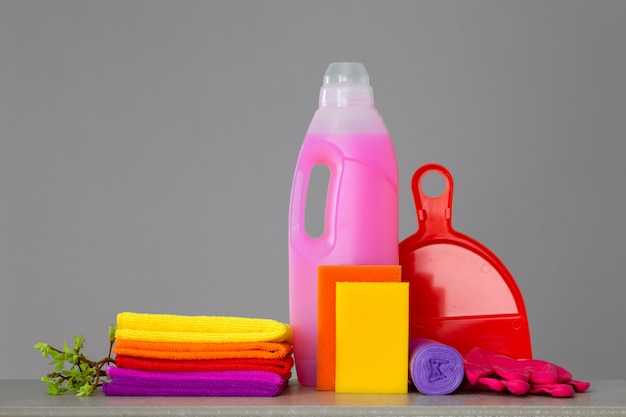 Colorful set of tools for cleaning the house and twigs with green leaves on neutral surface. 