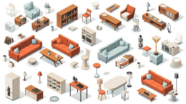 Photo a colorful set of vector isometric house furnishings on a white background for printing or usage as a backdrop generative ai