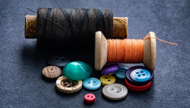 Colorful sewing buttons and thread spools macro