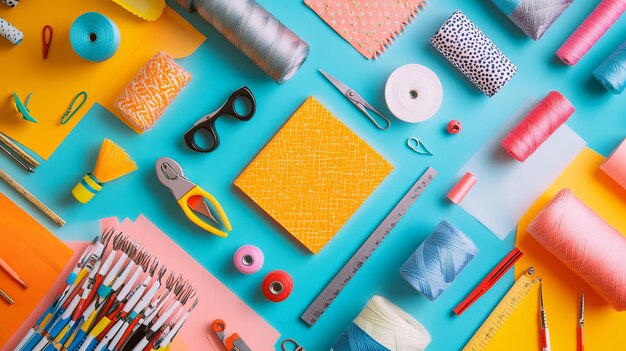 Photo colorful sewing supplies flat lay a playful design for crafting inspiration