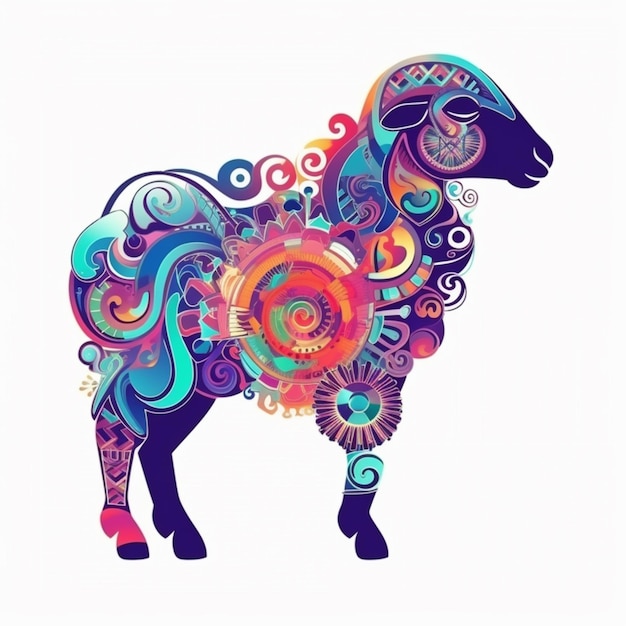 A colorful sheep with a floral pattern on it