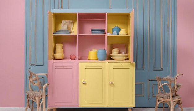 a colorful shelf with various items such as pottery and dishes