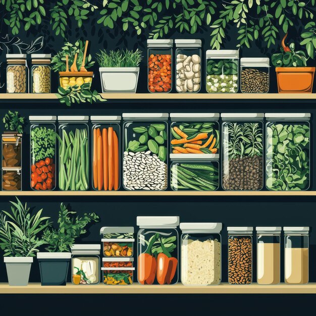 Colorful shelves filled with various jars of fresh vegetables herbs and grains