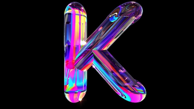 A colorful and shiny 3D letter K on a black background