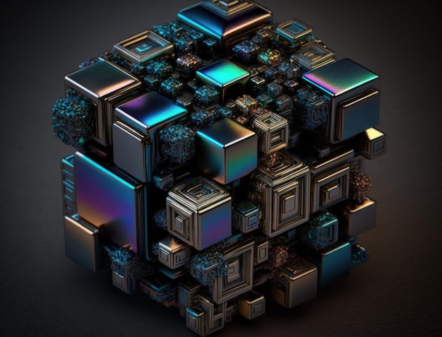 Colorful shiny rainbow Bismuth Gemstone cubes dark background created with Generative AI technology