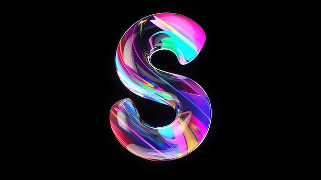 A colorful shiny translucent letter S on a black background