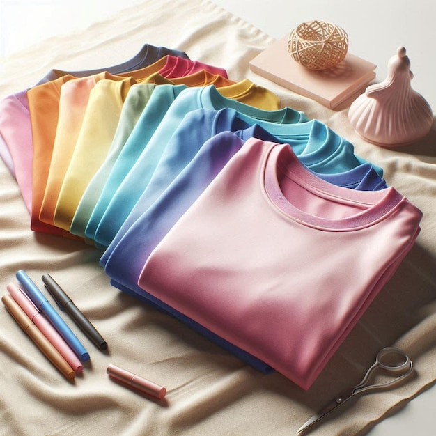 a colorful shirt is laying on a bed next to a pair of scissors and a ball