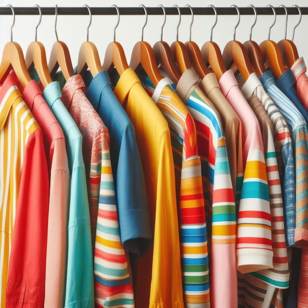 Colorful shirts on hangers isolated on white background copy space