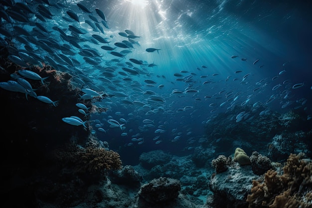 Colorful shoal dancing among corals in crystal clear waters generative IA