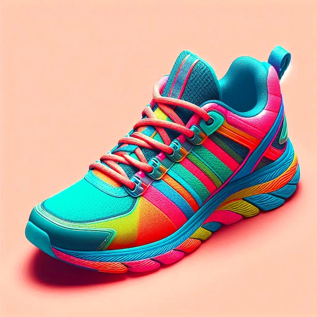 a colorful shoe with multicolored shoes on a pink background