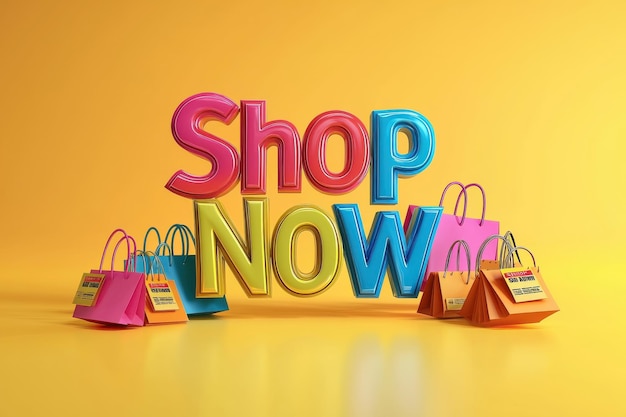 Photo colorful shop now text with shopping bags on vibrant yellow background concept of online shopping retail e commerce and digital consumerism