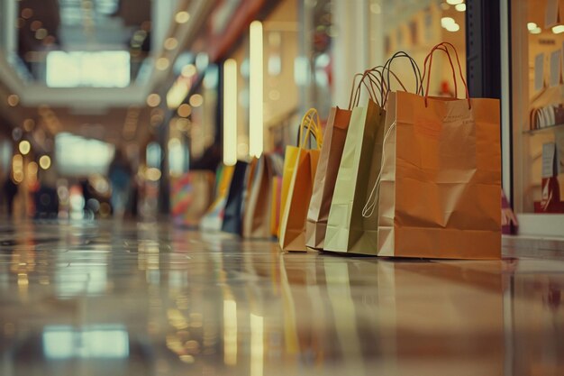 Colorful shopping bags arranged neatly on a gleaming mall floor