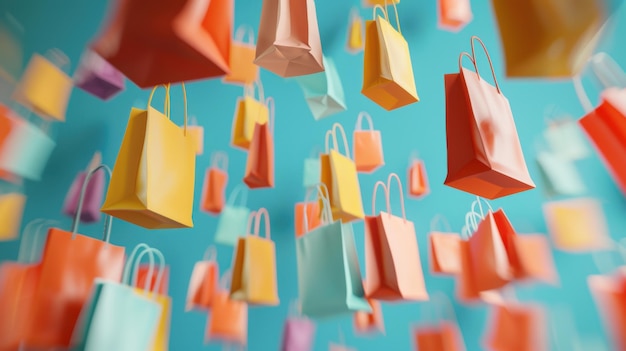 Photo colorful shopping bags flying in the air on a blue background