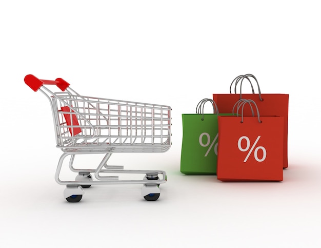 Colorful shopping bags and shopping cart. Discount concept. 3c rendered illustration