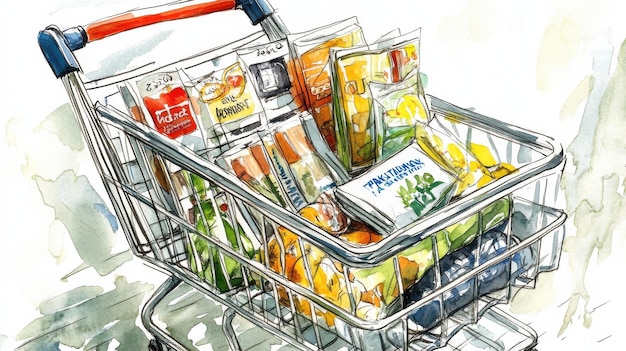 Photo a colorful shopping cart filled with various groceries and snacks in a modern supermarket during daylight hours