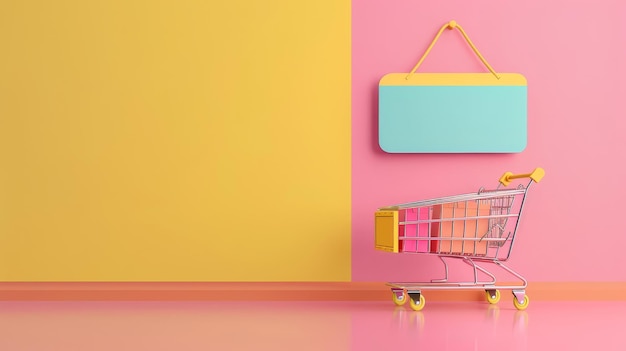 Photo colorful shopping cart and sign on wall a shopping cart in front of a pastelcolored wall suggests themes of commerce and retail graphic design