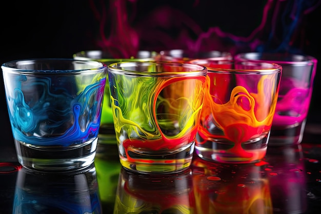 Colorful shot glasses with a black background