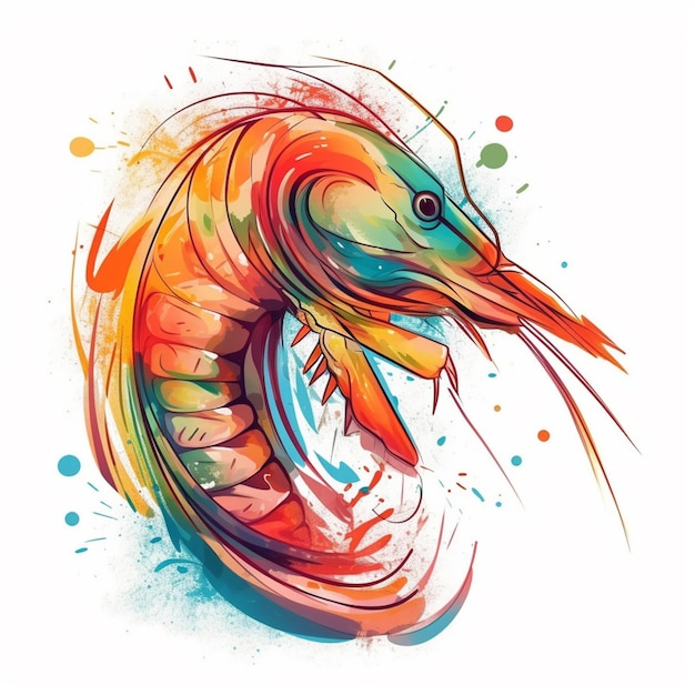 A colorful shrimp is painted on a white background.