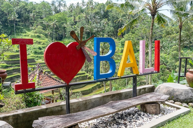 Colorful sign I Love Bali near rice fields terraces in the background Island Bali Indonesia