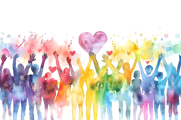 Colorful silhouettes of diverse people celebrating with hearts and raised hands