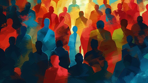 Colorful silhouettes of diverse people in a crowd