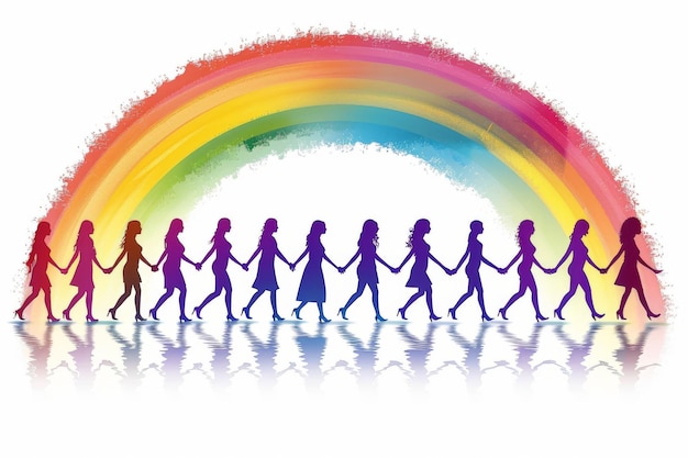 Photo colorful silhouettes of diverse people holding hands under a rainbow unity and diversity vector i