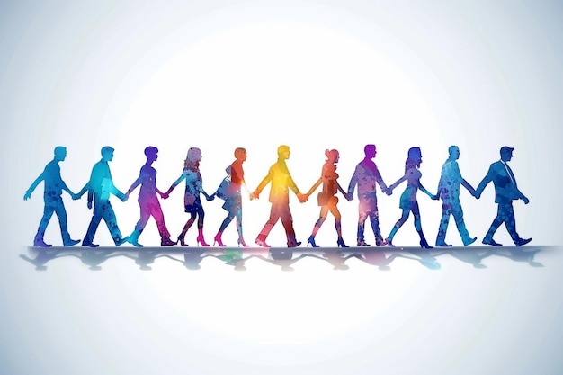 Photo colorful silhouettes of diverse people walking in a line unity and movement vector illustration