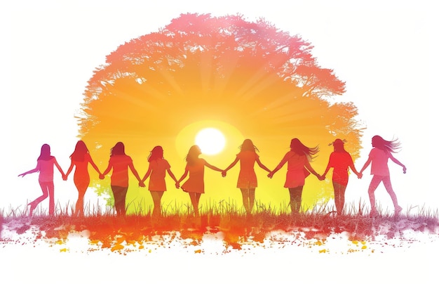 Colorful silhouettes of people holding hands under a sunset unity and peace vector illustration