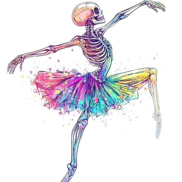 Photo colorful skeleton ballerina in midair with tutu