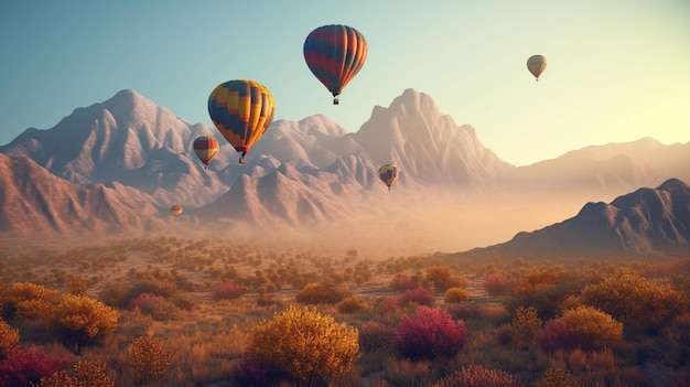 Colorful Skies Hot Air Balloons Over Majestic Mountain Range