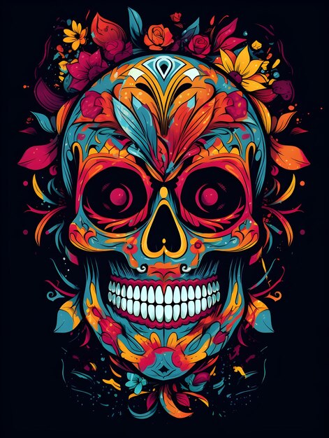 Colorful skull art with flower design skull tshirt design art