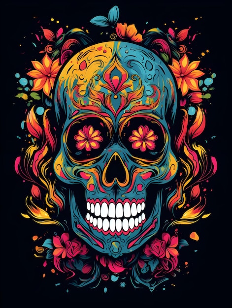 Colorful skull art with flower design skull tshirt design art