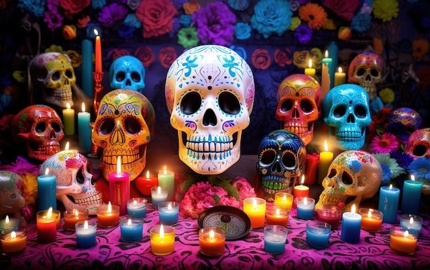 colorful skull day of the dead altar background