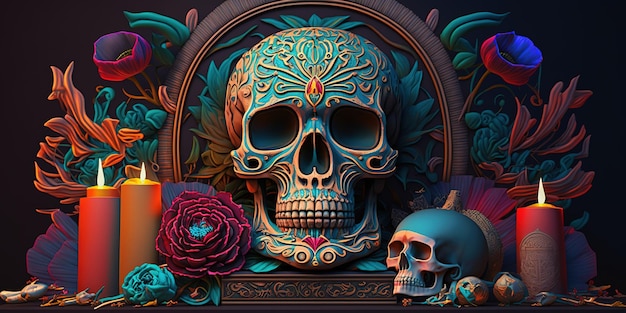 colorful skull day of the dead altar